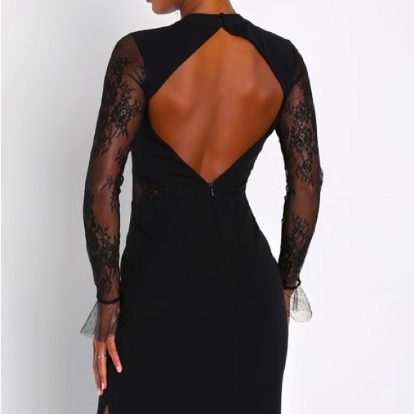 NWOT Lulu’s Bragging Rights Black Lace Long Sleeve Cutout Column Sexy Maxi Dress - Picture 6 of 12